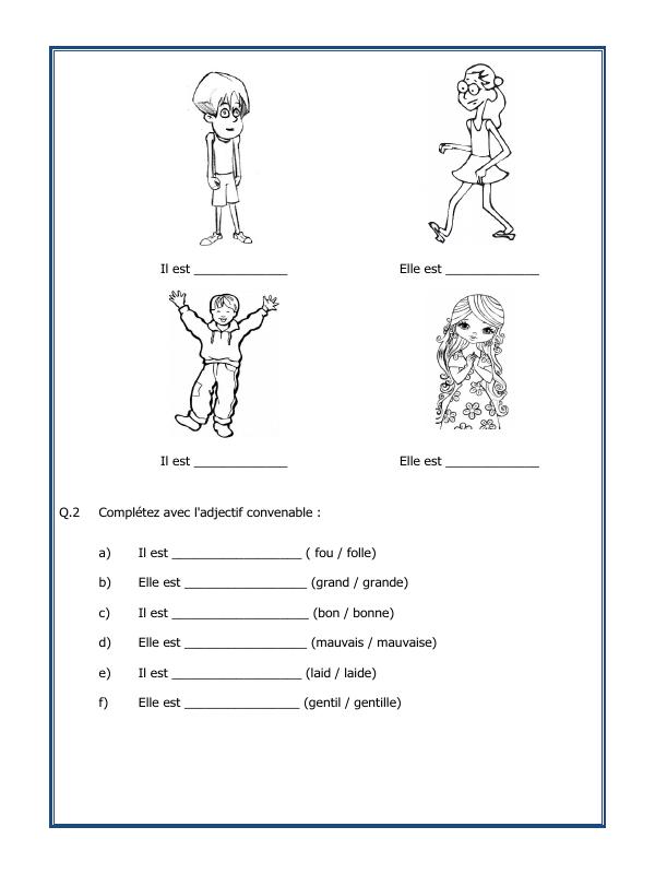 A2ZWorksheets:Language-French-French Worksheet - Les Adjectifs