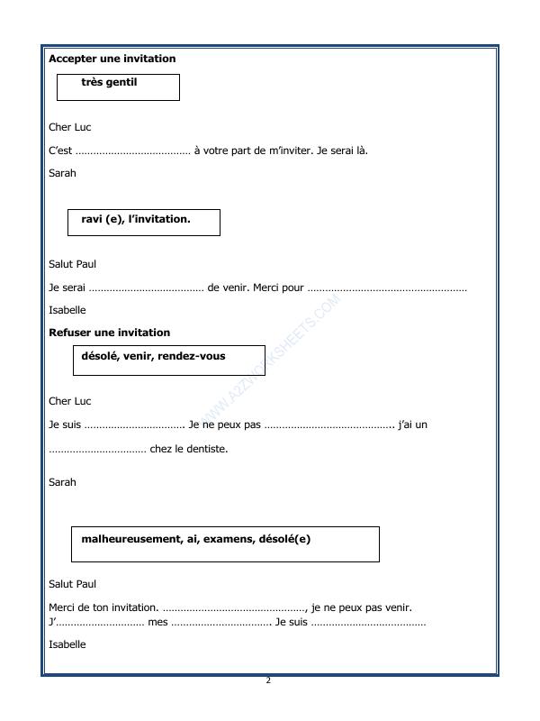 A2ZWorksheets:Language-French-French Worksheet - Rédiger Une Invitation-Compléter Un Message