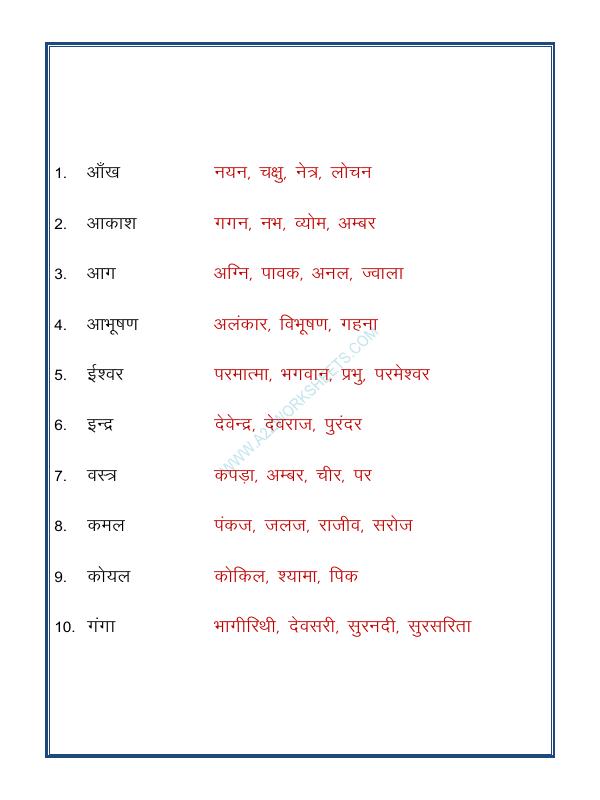 A2ZWorksheets:Language-Hindi-Hindi Grammar- Paryayvachi Shabd-07 (पर्यायवाची शब्द)