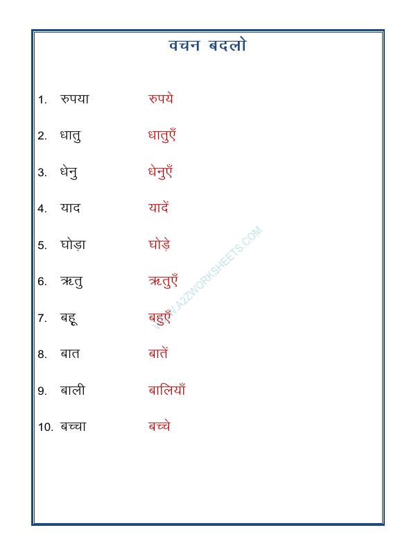 A2ZWorksheets:Language-Hindi-Hindi Grammar- Vachan Badlo (Singular Plural)