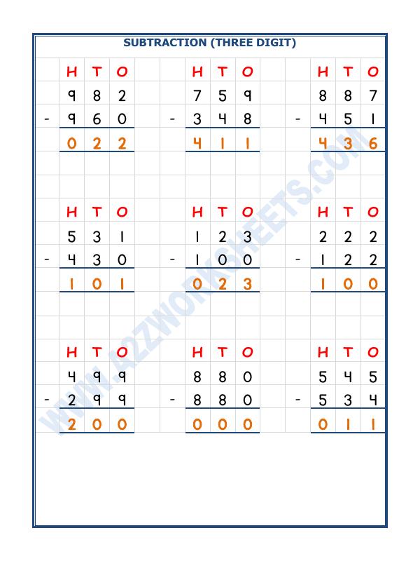 A2ZWorksheets:Maths-Subtraction-Subtraction - 3 Digit Subtraction