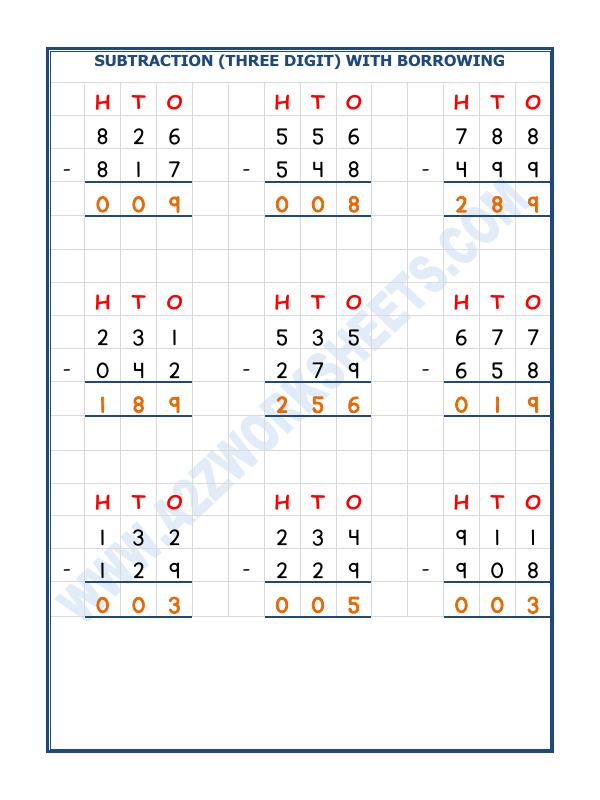 A2ZWorksheets:Maths-Subtraction-Subtraction - 3 Digit Subtraction (With Borrowing)