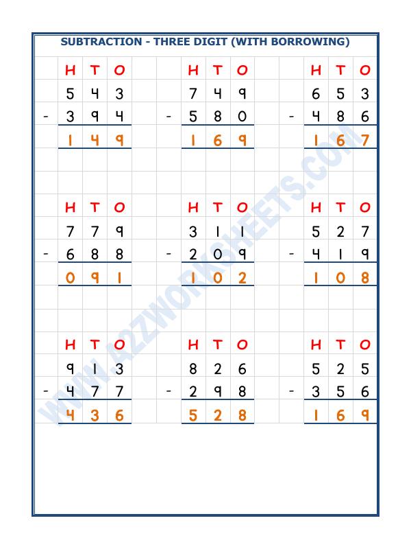A2ZWorksheets:Maths-Subtraction-Subtraction - 3 Digit Subtraction (With Borrowing) - 05