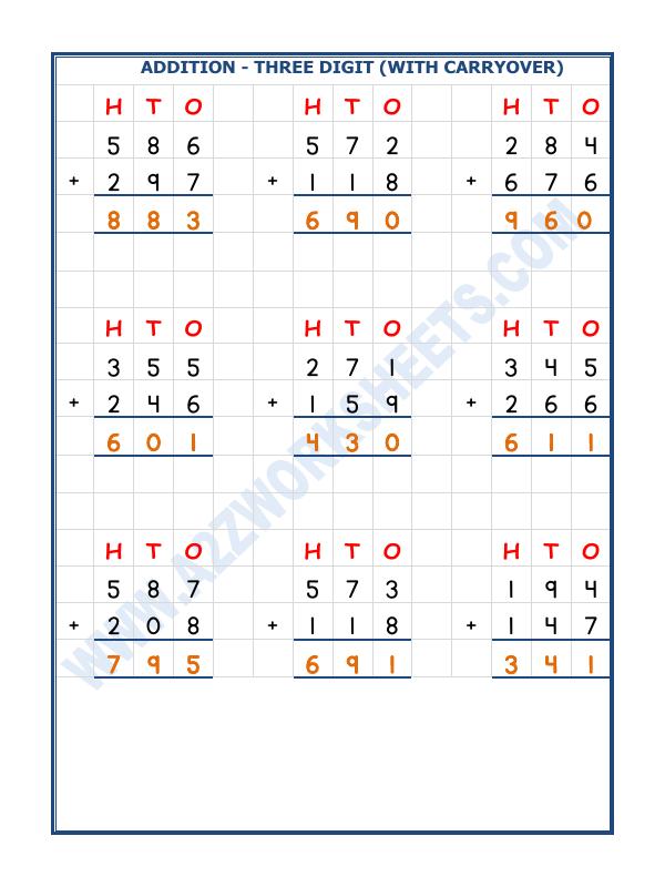 A2ZWorksheets:Maths-Addition-Addition - 3 Digit Addition (With Carryover)-01