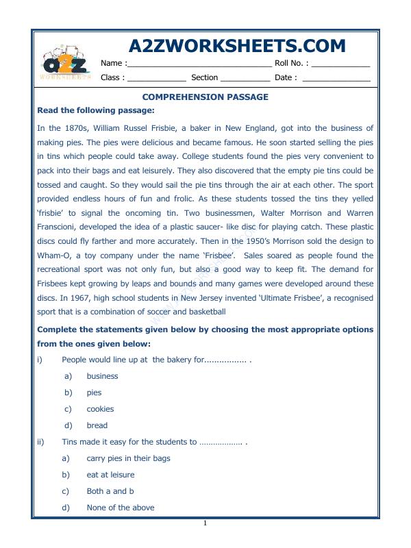 A2Zworksheets:Worksheet of Comprehension Passage-42-Reading-English