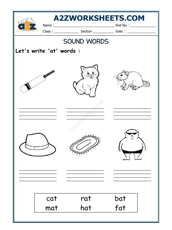 A2Zworksheets:Worksheet of 'At' Sound Words-01-Reading-English