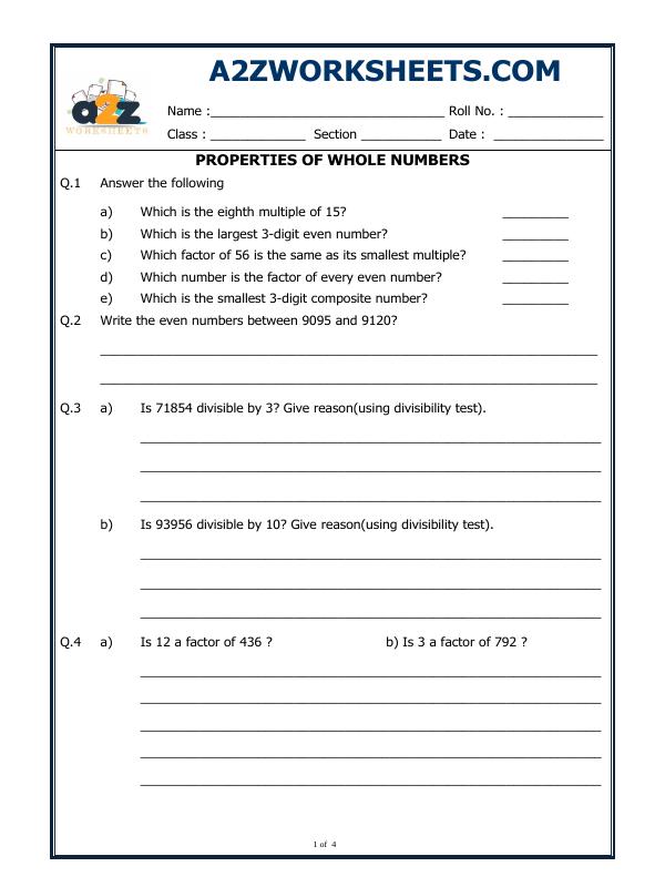 A2Zworksheets:Worksheet of Properties Of Whole Numbers-Numbers-Maths