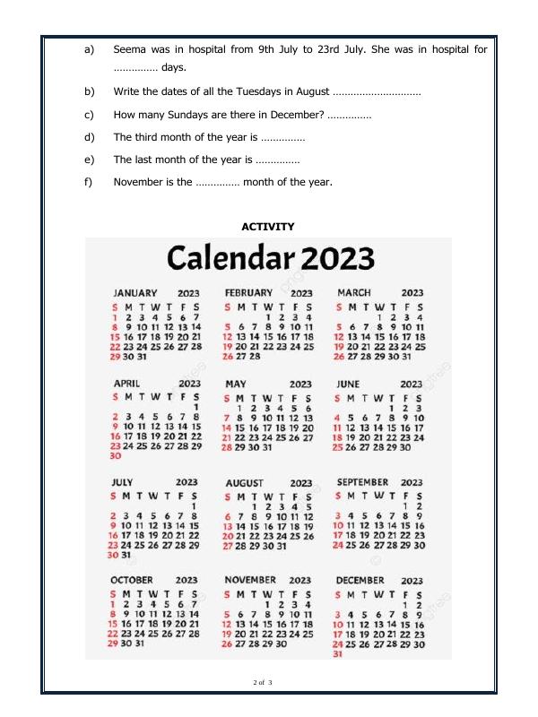 A2ZWorksheets:Maths-Calendar-Calendar