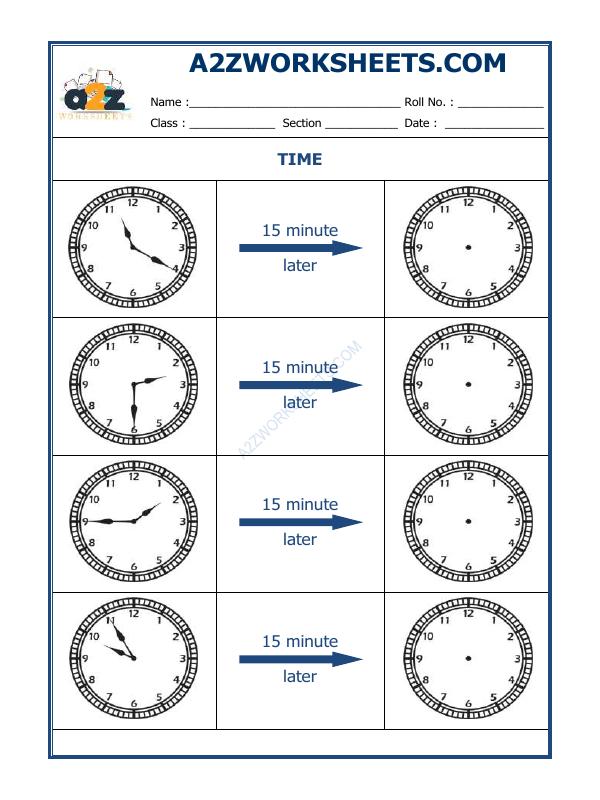 A2Zworksheets:Worksheet of Telling Time - 15 Minutes Interval (Draw The ...