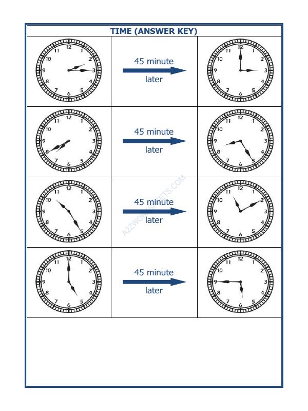 A2ZWorksheets:Maths-Measurement-Telling Time - 45 Minutes Interval (Draw The Clock) - 35