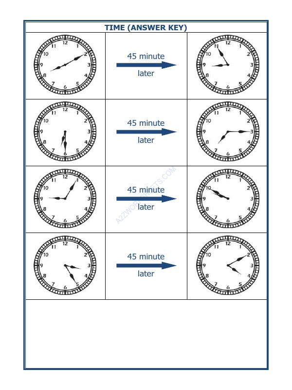 A2ZWorksheets:Maths-Measurement-Telling Time - 45 Minutes Interval (Draw The Clock) - 36