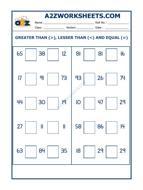 Number 33 Worksheet.pdf A2Zworksheets:Worksheet of Put The Sign Greater, Lesser And Equal To-33 ...