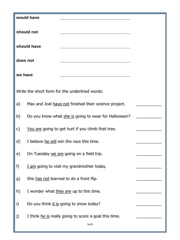 A2ZWorksheets:English-Grammar-Contractions (Short Forms)