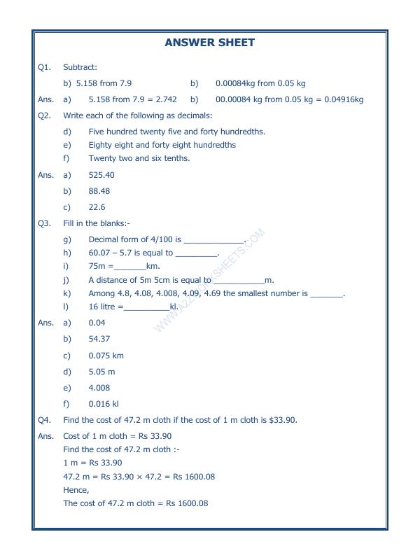 A2ZWorksheets:Maths-Decimals-Decimals - 03