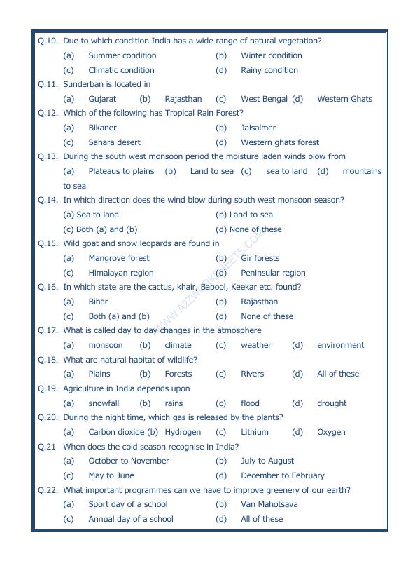 A2ZWorksheets:General Awareness-India and Its Neighbouring Countries-India Climate Vegetation And Wildlife-07