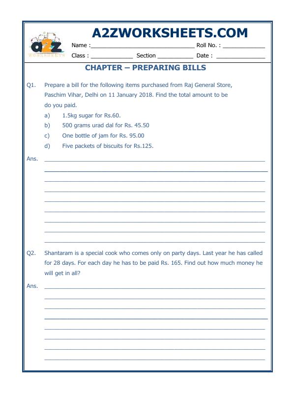 A2Zworksheets:Worksheet of Preparing Bills - 01-Data Handling-Maths