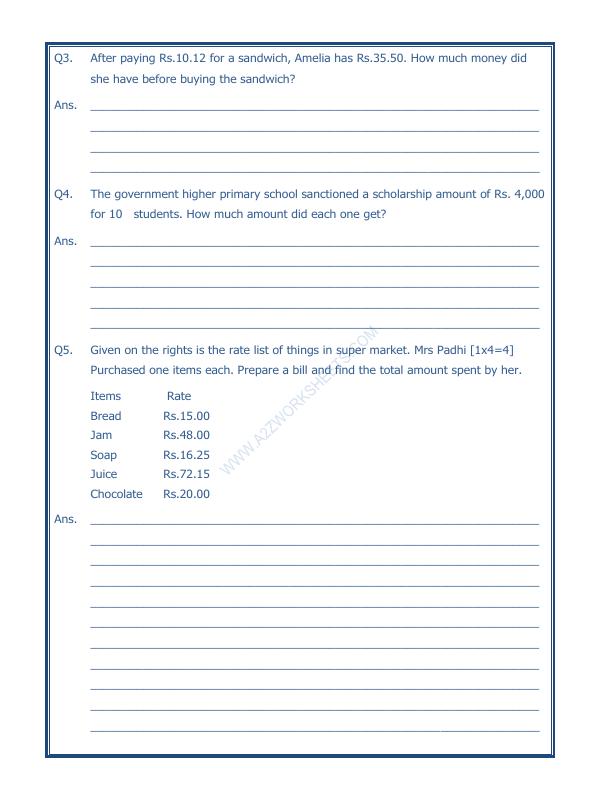 A2ZWorksheets:Maths-Data Handling-Preparing Bills - 01