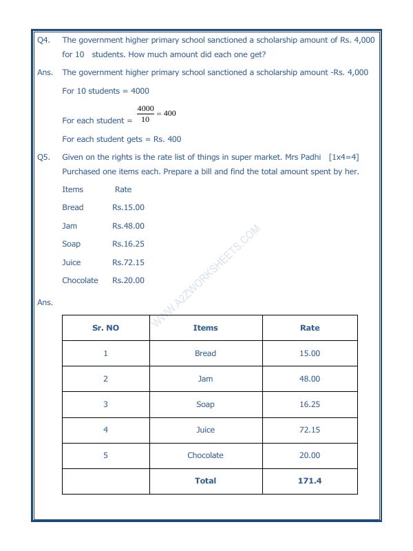 A2ZWorksheets:Maths-Data Handling-Preparing Bills - 01