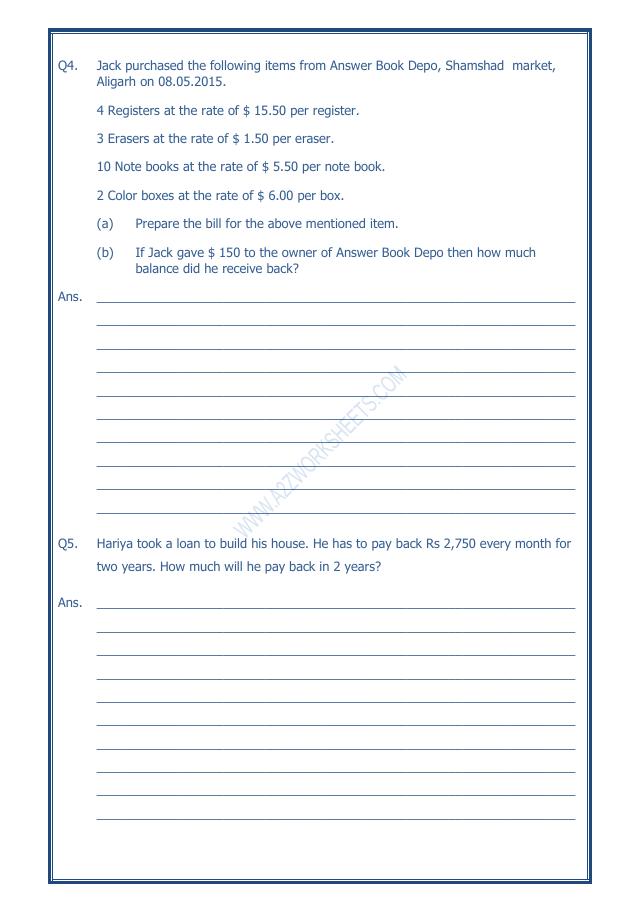 A2ZWorksheets:Maths-Data Handling-Preparing Bills - 03