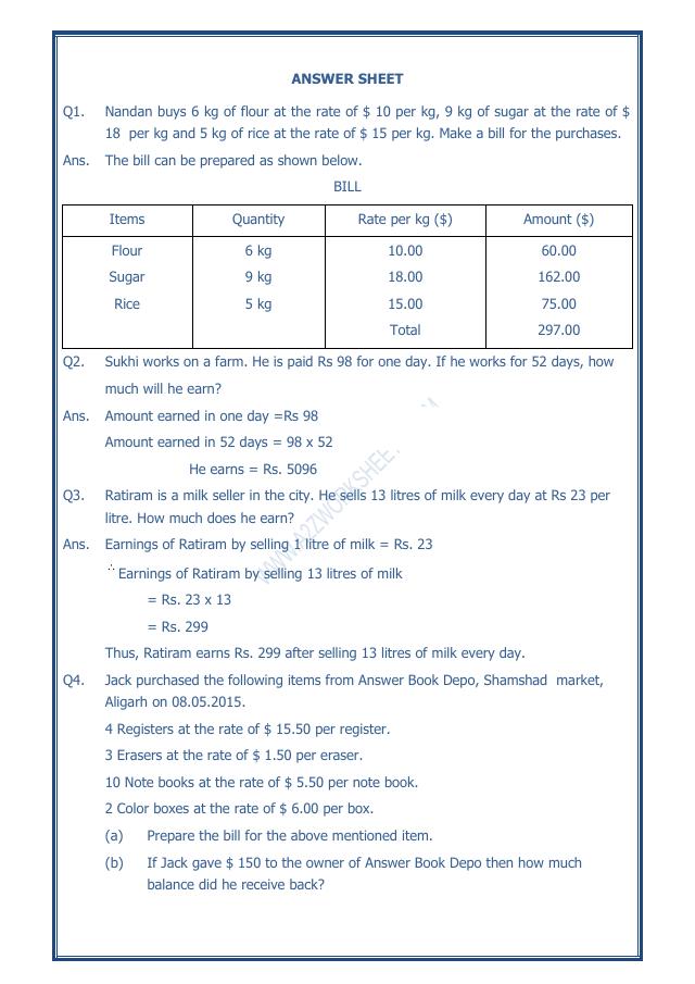 A2ZWorksheets:Maths-Data Handling-Preparing Bills - 03
