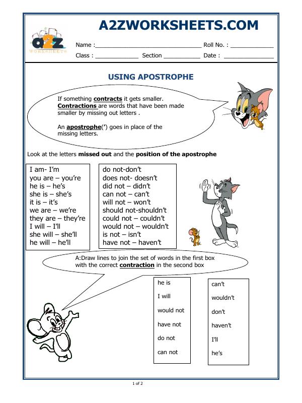 A2Zworksheets:Worksheet of Let's Practice Apostrophe-01-Grammar-English