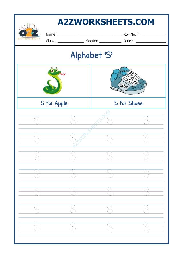 A2Zworksheets:Worksheet of English Alphabet 'S'-Writing-English