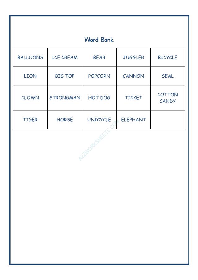 A2ZWorksheets:English-Reading-Cross Words - Circus