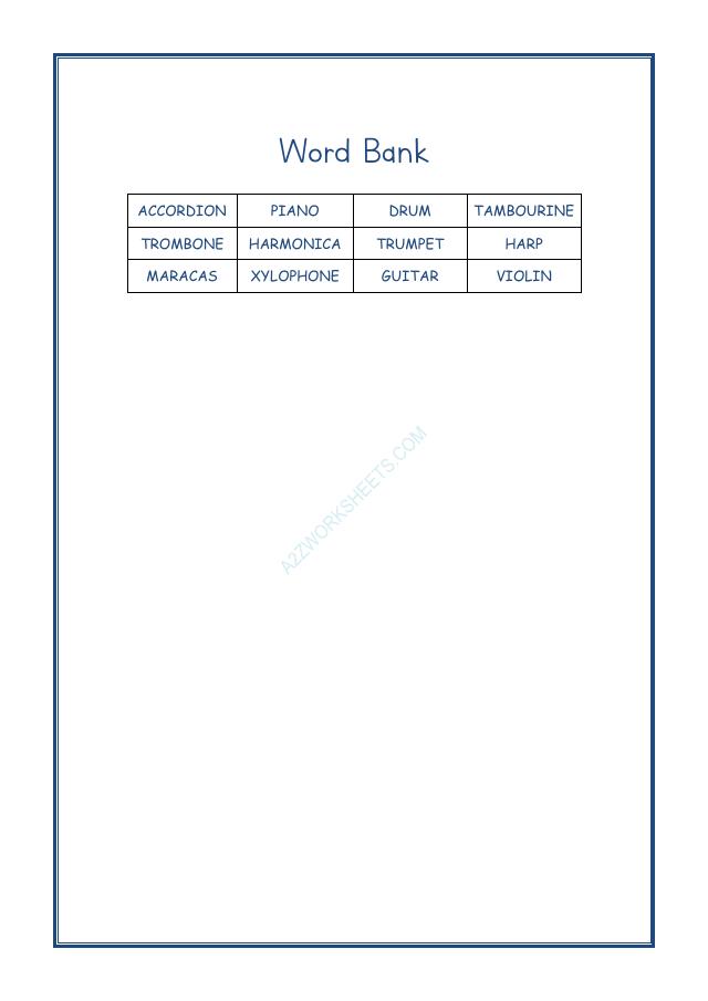 A2ZWorksheets:English-Reading-Cross Words-Musical Instruments