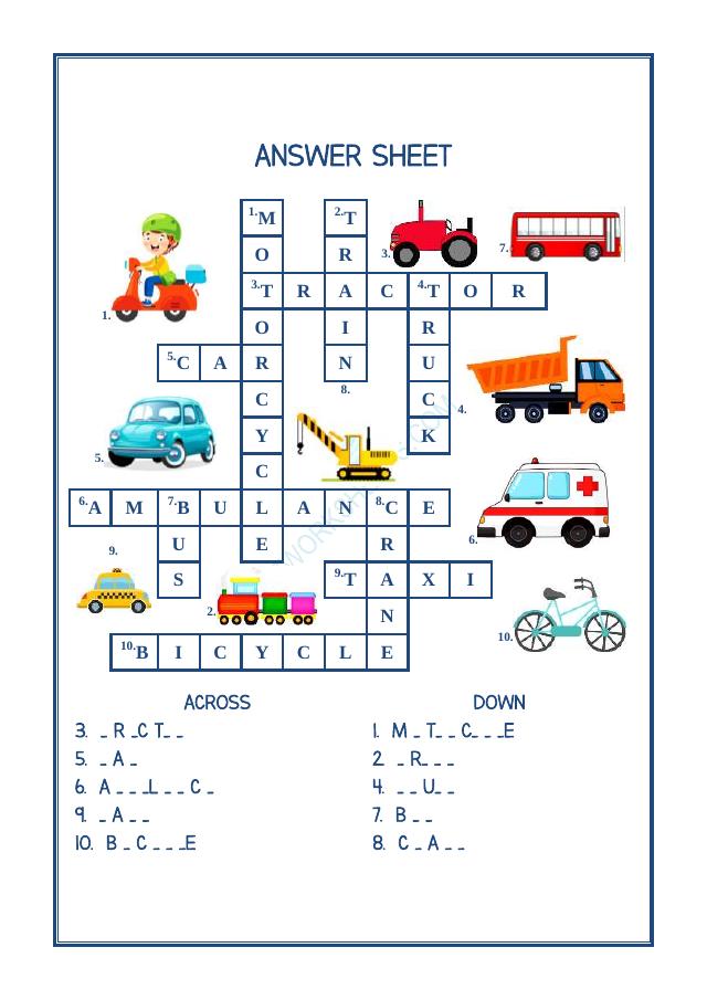 A2ZWorksheets:English-Reading-Cross Word - Vehicles Names