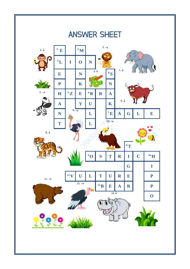 A2ZWorksheets:English-Reading-Cross Word -Wild Animals