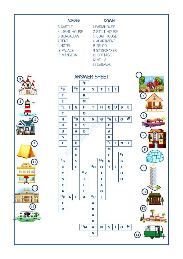 A2ZWorksheets:English-Reading-Cross Word -Types Of Houses