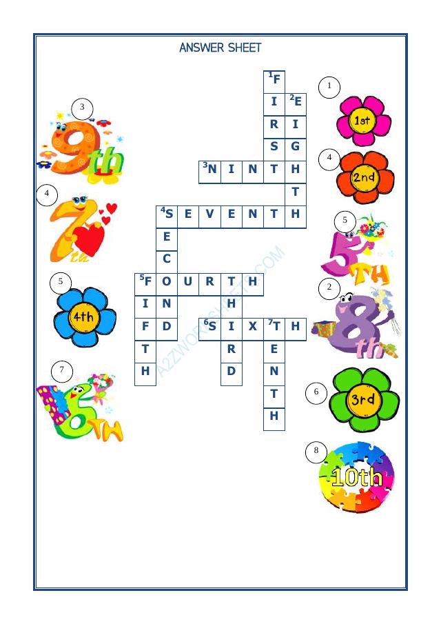 A2ZWorksheets:English-Reading-Crossword -Ordinal Numbers (1-10)