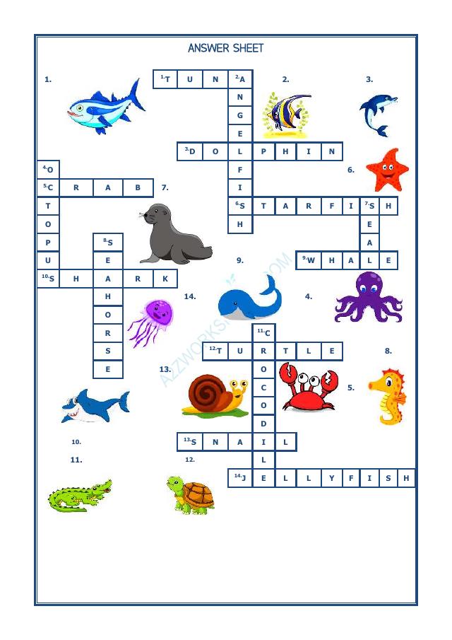 A2ZWorksheets:English-Reading-Crossword -Water Animals