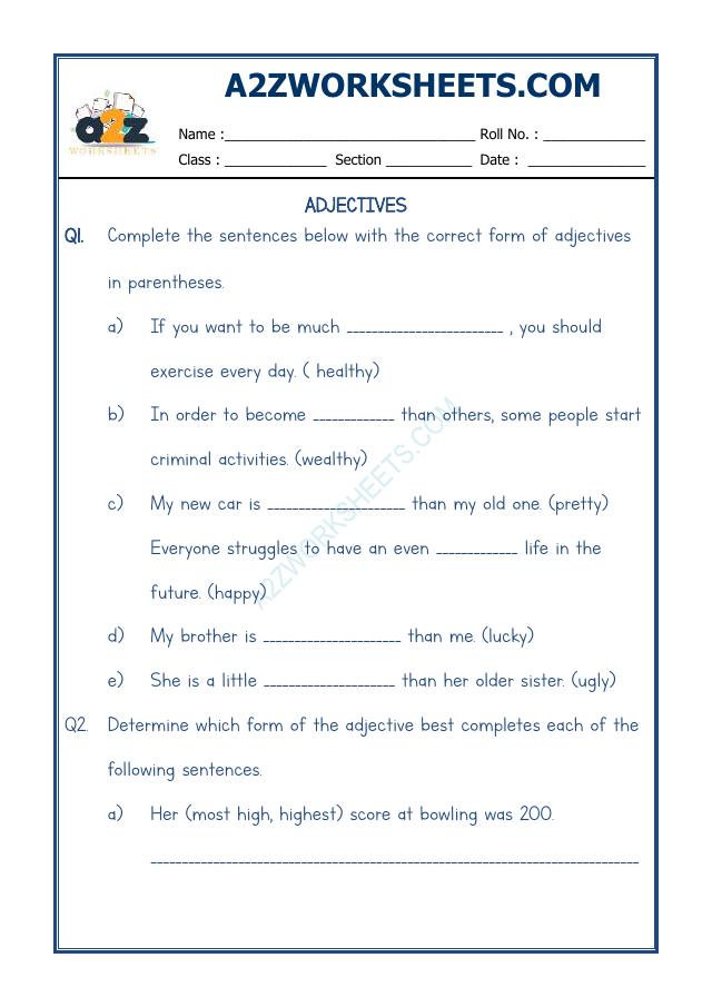 Kinds Of Adjectives Worksheets For Grade 4 Pdf Adjectives Worksheet