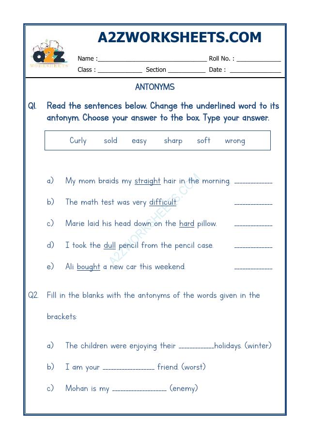 A2Zworksheets:Worksheet of Antonyms-01-Grammar-English