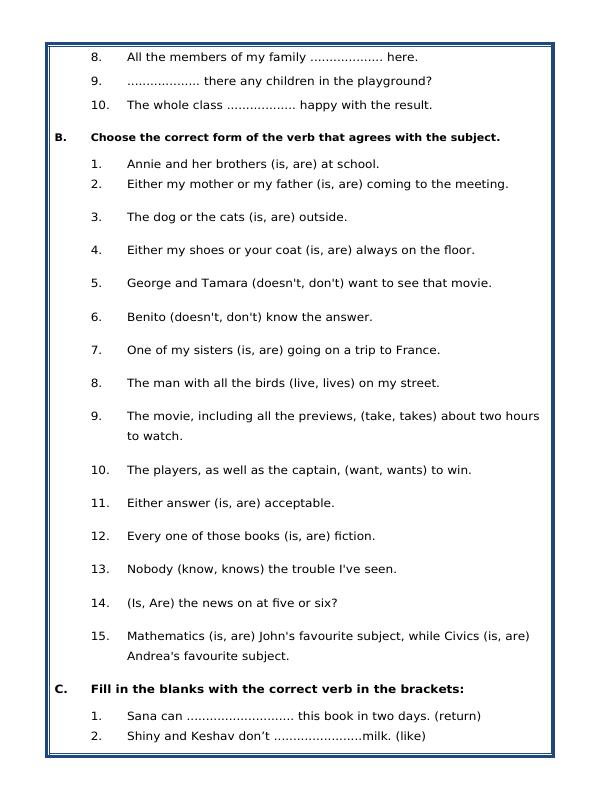 A2ZWorksheets:English-Grammar-Subject - Verb Agreement