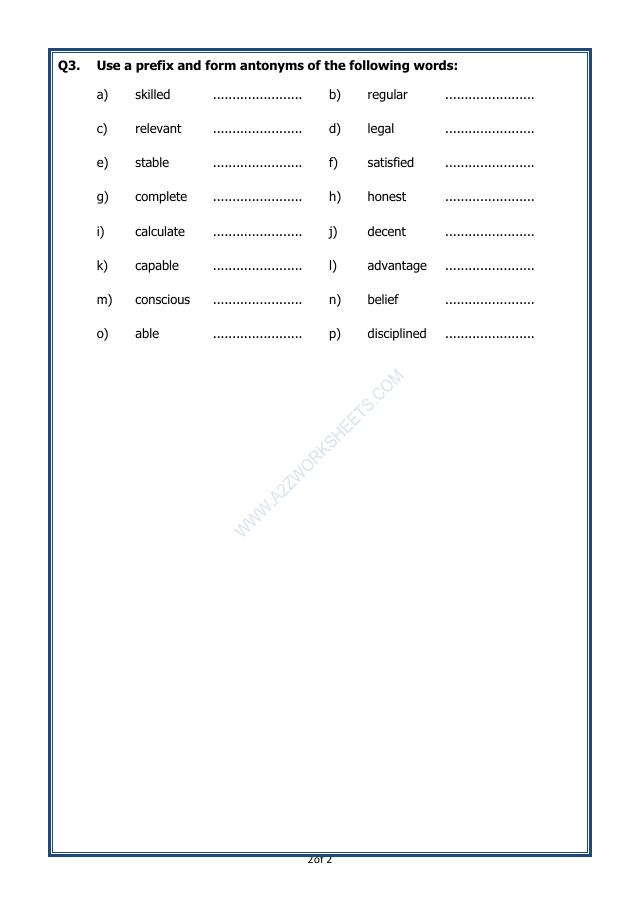 A2ZWorksheets:English-Grammar-Antonyms - 02 (Exercise)
