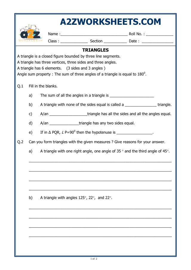 Triangles Chapter Worksheet A2Zworksheets:Worksheet of Triangles-02-Geometry-Maths