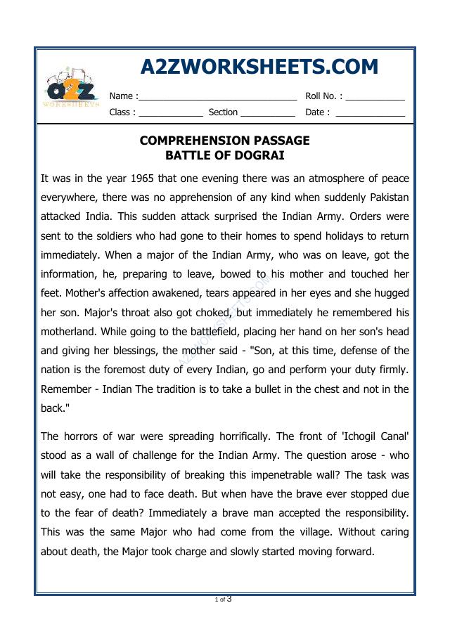 A2Zworksheets:Worksheet of Comprehension Passage-55-Reading-English