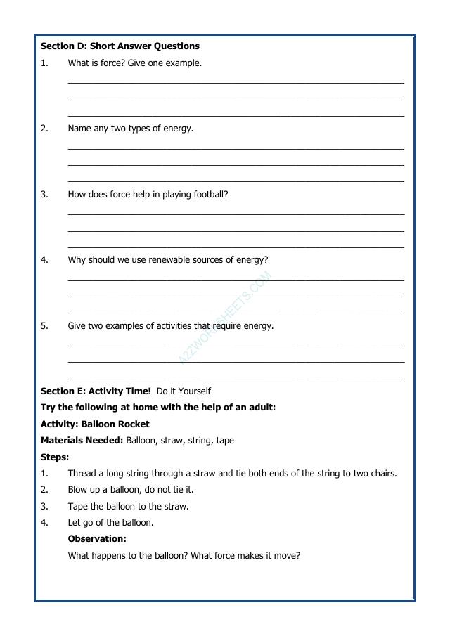 A2ZWorksheets:General Awareness-India and Its Neighbouring Countries-Force and Energy