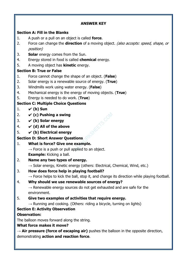 A2ZWorksheets:General Awareness-India and Its Neighbouring Countries-Force and Energy