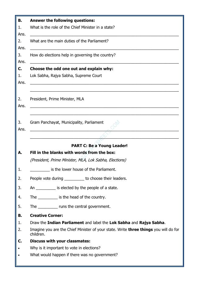 A2ZWorksheets:General Awareness-India and Its Neighbouring Countries-Governing Ourselves