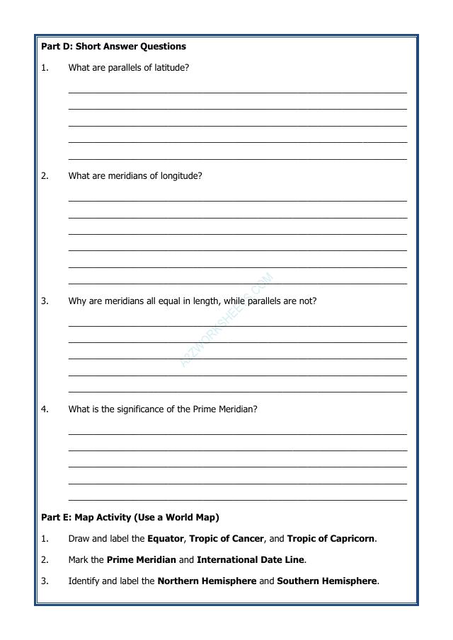 A2ZWorksheets:General Awareness-Maps and Directions-Parallels and Meredians