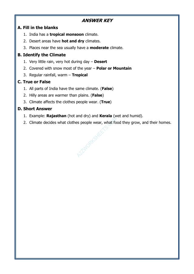 A2ZWorksheets:Science-Environment And Our Surroundings-Types of Climate and Their Features