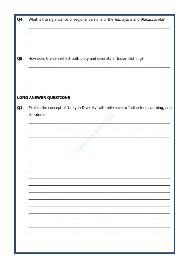 A2ZWorksheets:General Awareness-Our History and Heritage-Chapter 8 Unity in Diversity