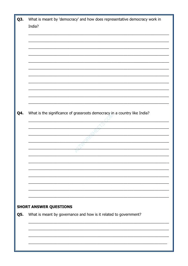 A2ZWorksheets:General Awareness-India and Its Neighbouring Countries-Grassroots Democracy–Part-1 Governance