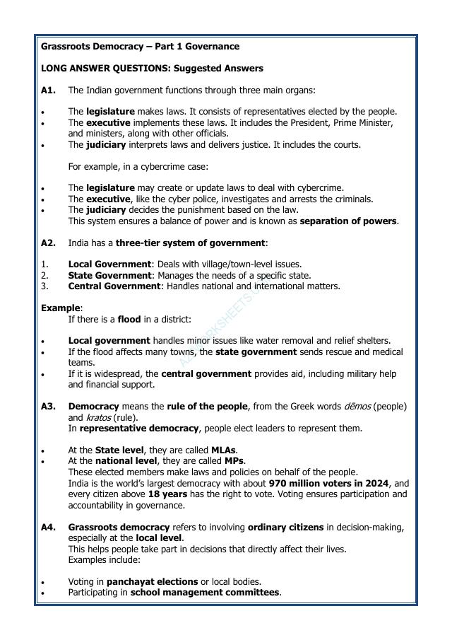 A2ZWorksheets:General Awareness-India and Its Neighbouring Countries-Grassroots Democracy–Part-1 Governance