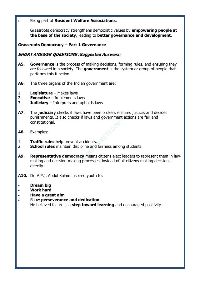 A2ZWorksheets:General Awareness-India and Its Neighbouring Countries-Grassroots Democracy–Part-1 Governance