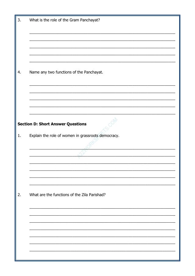A2ZWorksheets:General Awareness-India and Its Neighbouring Countries-Grassroots Democracy - Part-2