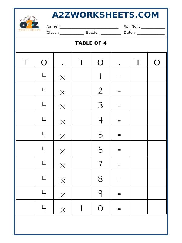 A2Zworksheets:Worksheet of Table Of Four-Multiplication-Maths